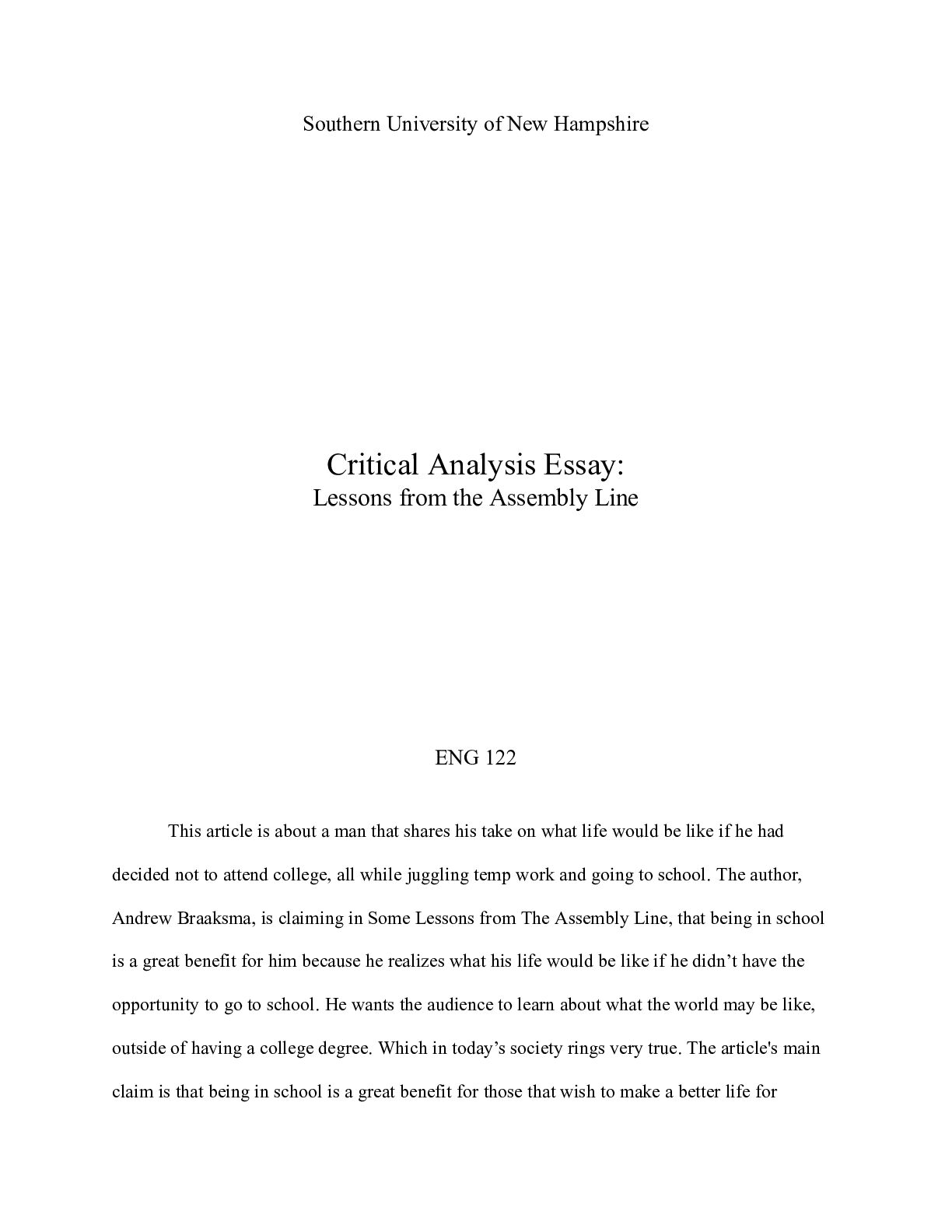 Preview image for ENG 122 Mod 8 Project 2.docx  Southern University of New Hampshire  Critical Analysis Essa